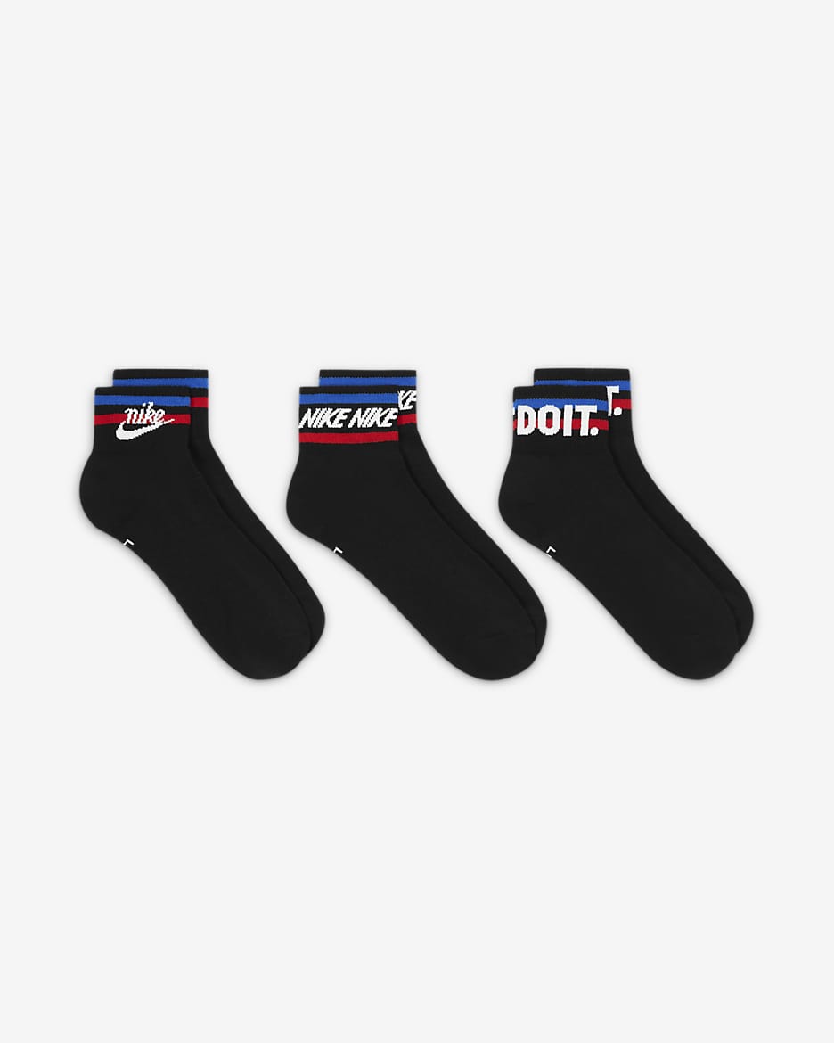 Nike Everyday Essential Ankle Socks (3 Pairs) - Black/White/Game Royal/University Red