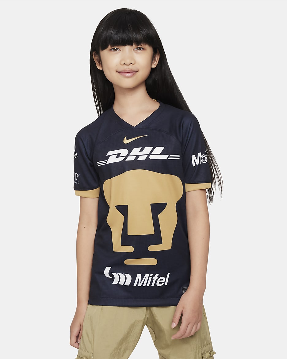 Pumas UNAM 2023/24 Stadium Away Big Kids' Nike Dri-FIT Soccer Jersey - Obsidian/Truly Gold/Truly Gold