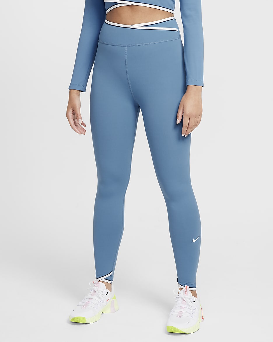 Legging taille haute Dri-FIT Nike One pour fille - Aegean Storm/Blanc/Midnight Navy/Blanc