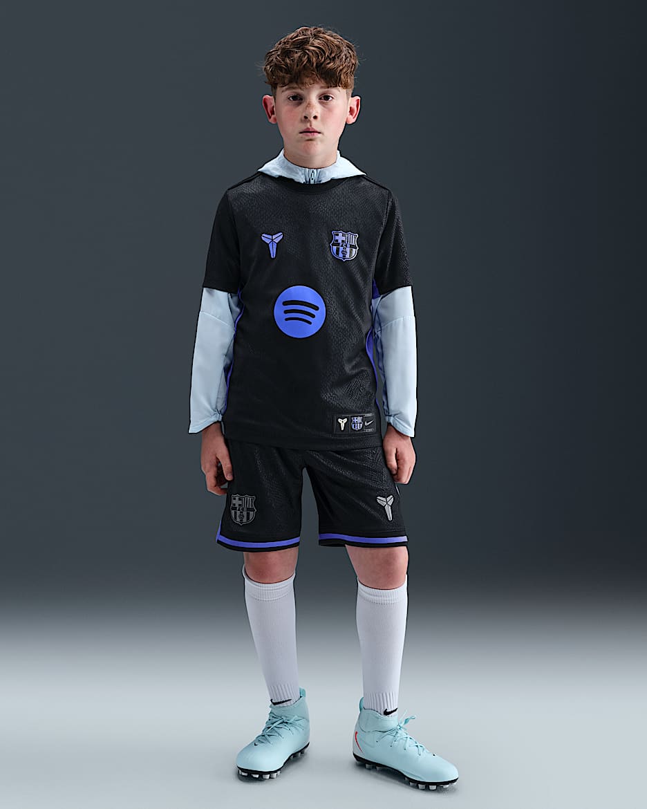 FC Barcelona 2025/26 Stadium Away Big Kids' Kobe Dri-FIT Soccer Replica Shorts - Black/Persian Violet/Iron Grey