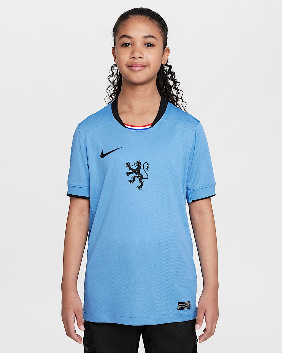 Maglia da calcio replica Nike Dri-FIT Olanda 2025 Stadium (squadra femminile) per ragazzo/a – Away - Blue Beyond/Nero