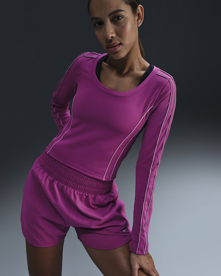 Playera de manga larga Dri-FIT cropped para mujer Nike One Fitted - Fucsia cálido/Polvo ciruela/Polvo ciruela/Negro