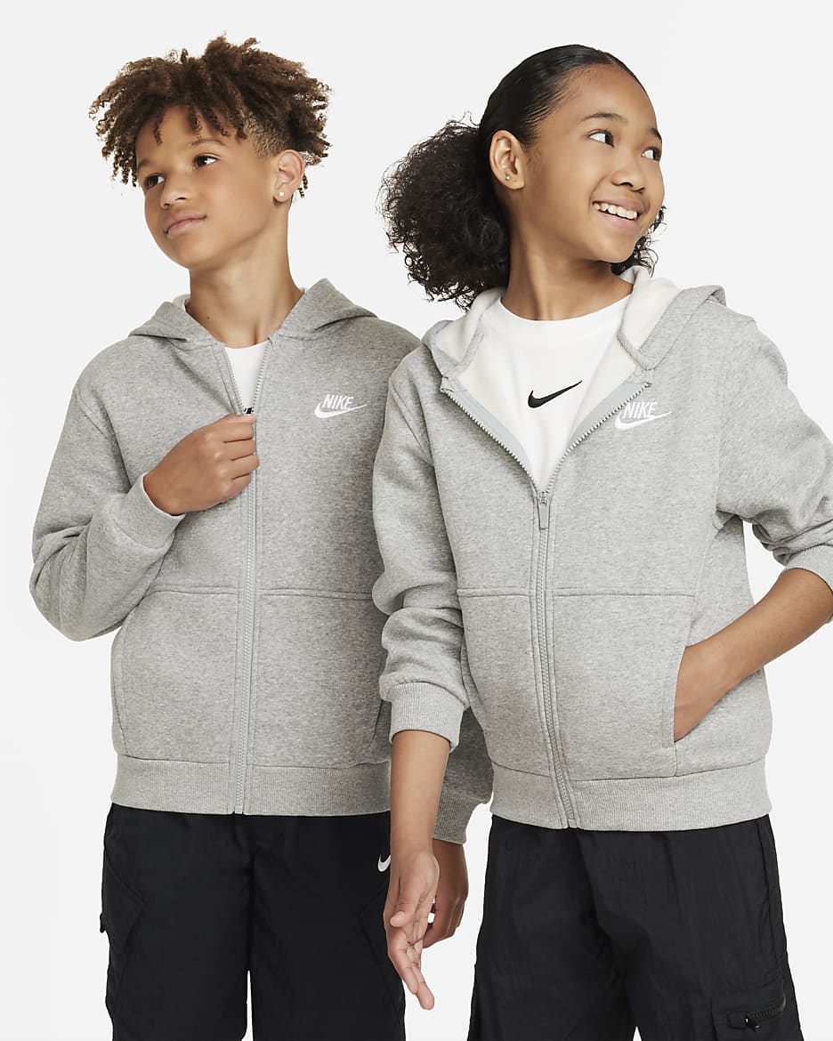 Nike Sportswear Club Fleece Older Kids' Full-Zip Hoodie - Dark Grey Heather/Base Grey/White