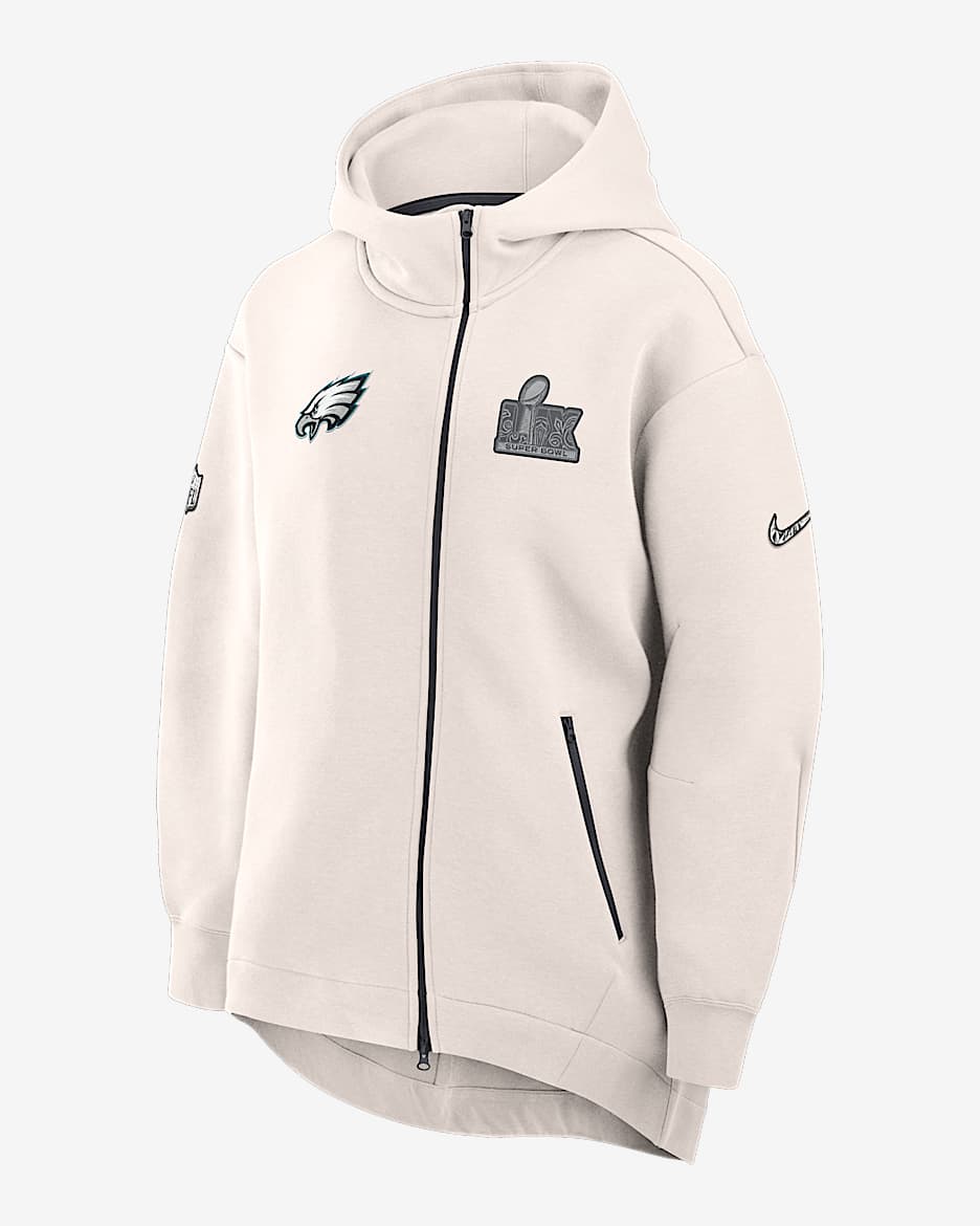 Capa con gorro Nike de la NFL de cierre completo para mujer Philadelphia Eagles Super Bowl LIX Opening Night Tech Fleece - Crema