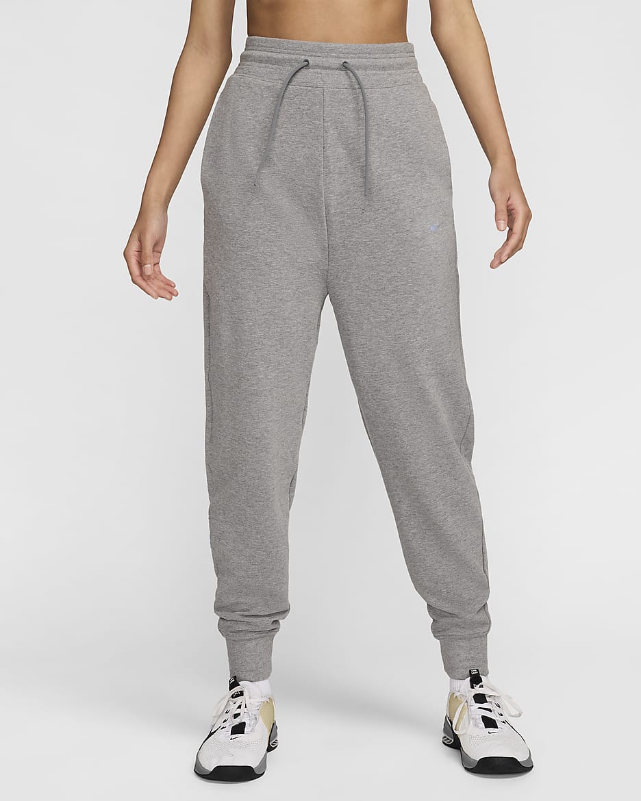 Joggers de French Terry de tiro alto de 7/8 para mujer Nike Dri-FIT One - Carbono jaspeado/Blanco