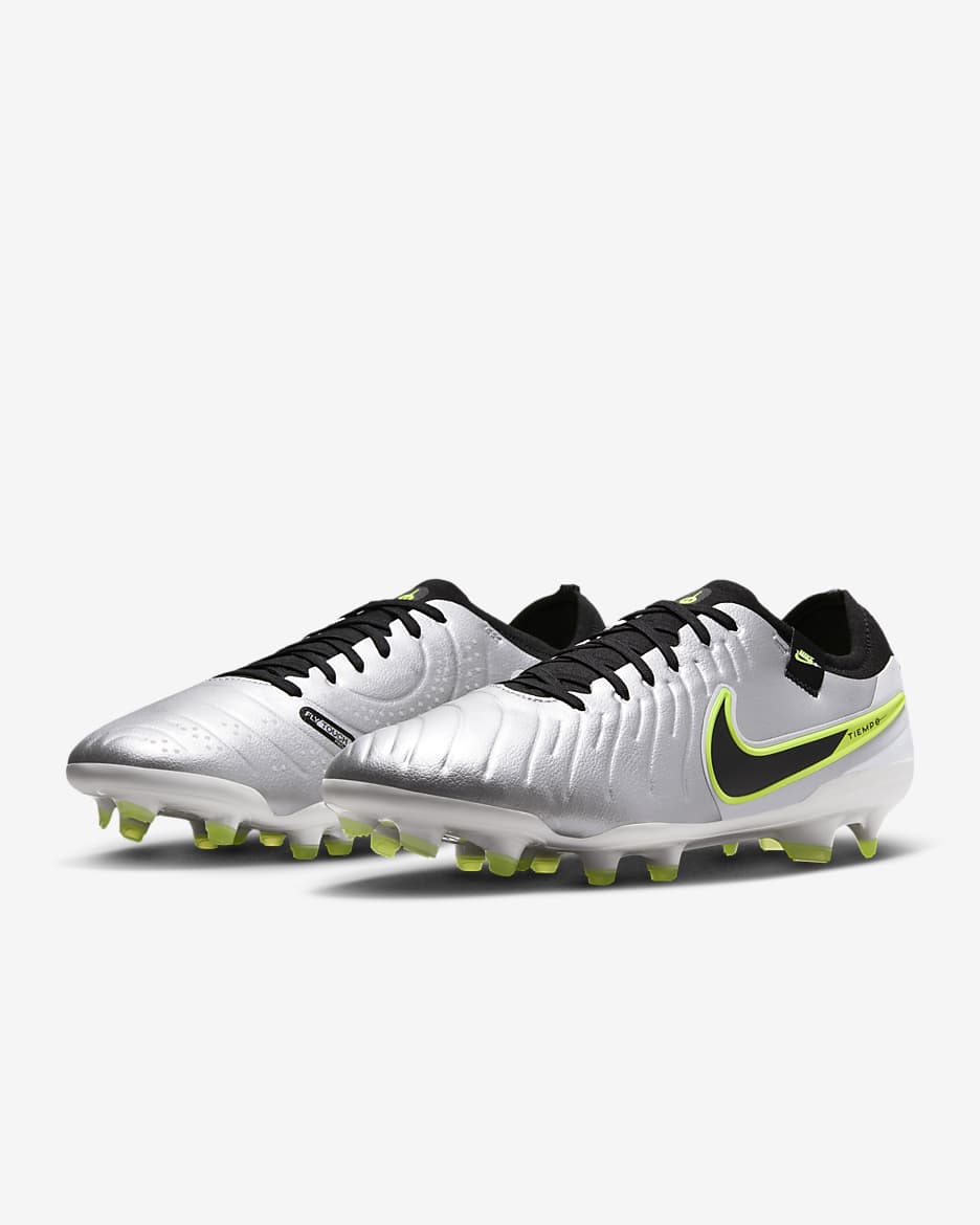 Tacos de fútbol de corte low para terreno firme Nike Tiempo Legend 10 Pro - Plata metalizado/Volt/Negro