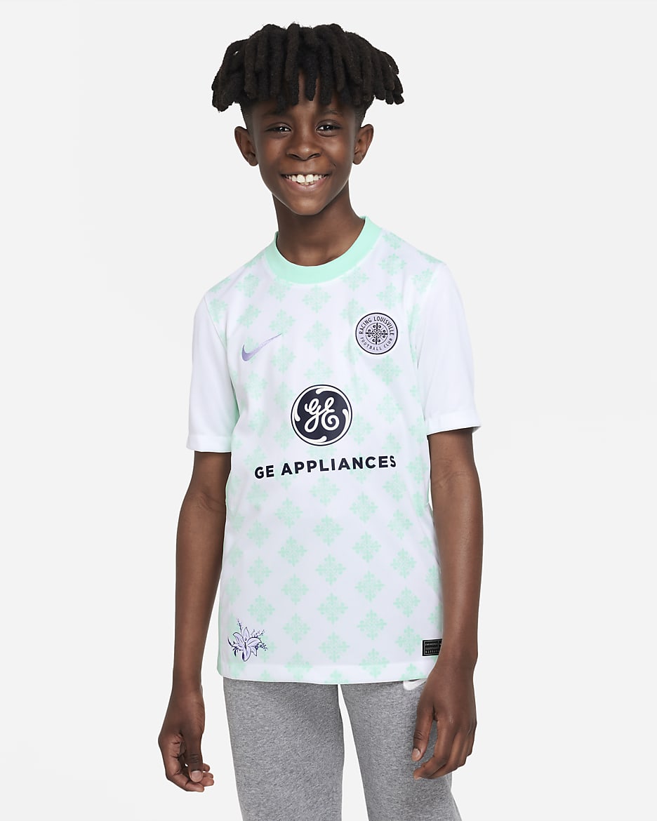 Racing Louisville FC Stadium Away Big Kids' Nike Dri-FIT Soccer Jersey - White/Mint Foam/Lavender Mist