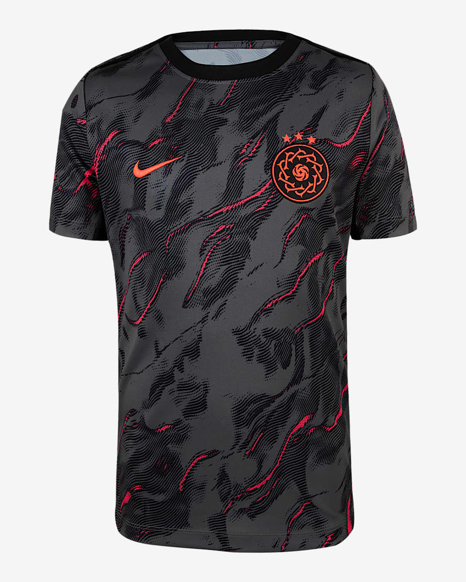 Playera de manga corta Nike de la NWSL para antes del partido para niños talla grande Portland Thorns FC 2025 - Rojo fusión claro/Gris hierro