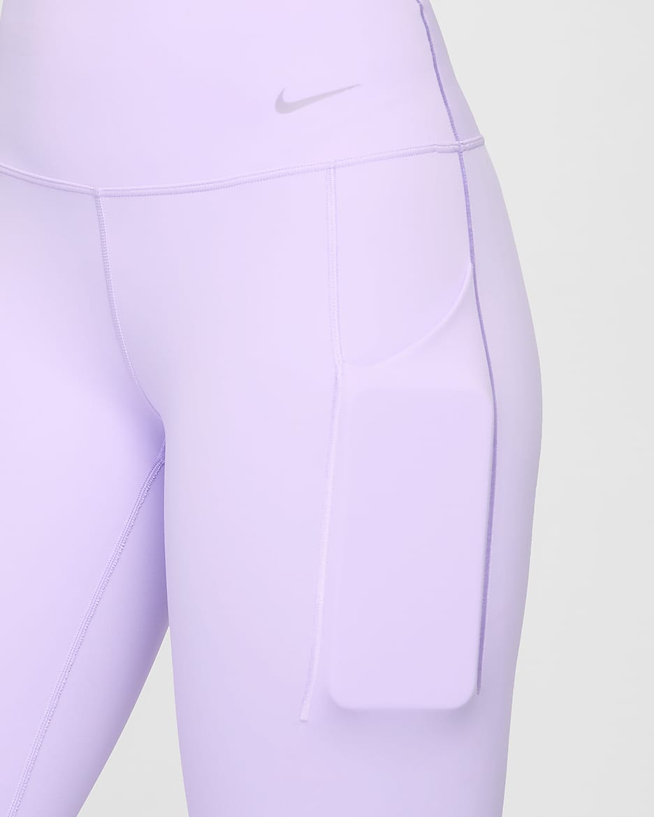 Nike Universa közepes tartást adó, középmagas derekú, teljes hosszúságú női leggings zsebekkel - Lilac Bloom/Fekete