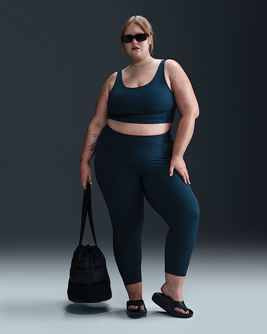 Leggings de tiro alto de 7/8 con sujeción suave para mujer Nike Zenvy Rib (talla grande) - Azul marino militar/Negro