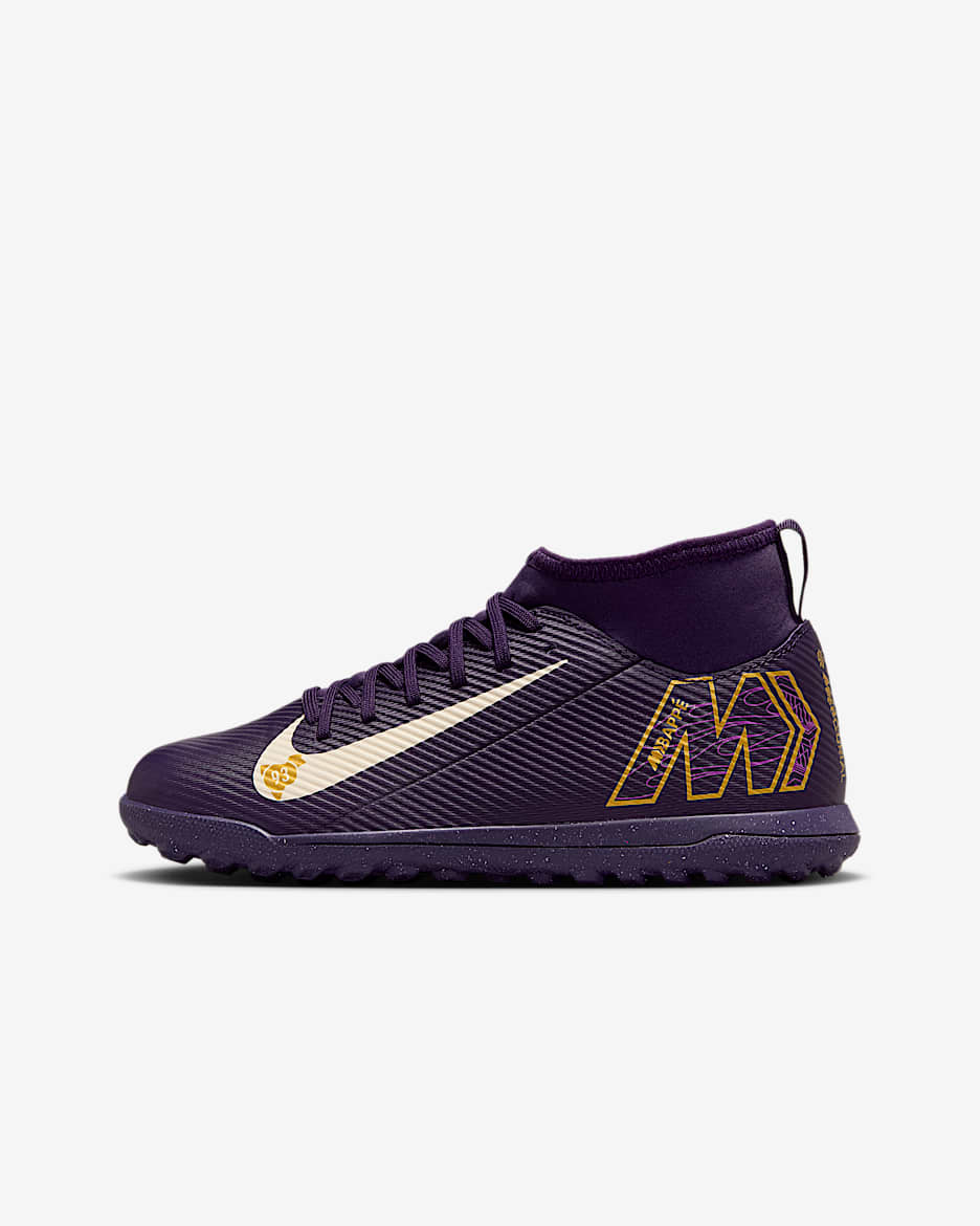 Tacos de fútbol TF high para niños talla grande Nike Jr. Mercurial Superfly 10 Club "Kylian Mbappé" - Morado grandioso/Marfil pálido