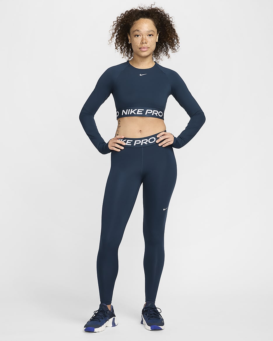 Nike Pro Legging met halfhoge taille en mesh vlakken voor dames - Armory Navy/Zwart/Wit