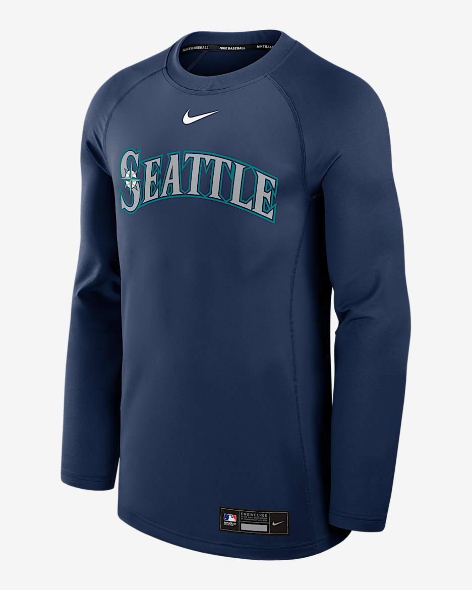 Sudadera de cuello redondo sin cierre Nike Dri-FIT de la MLB para hombre Seattle Mariners Authentic Collection Game Time - Azul marino