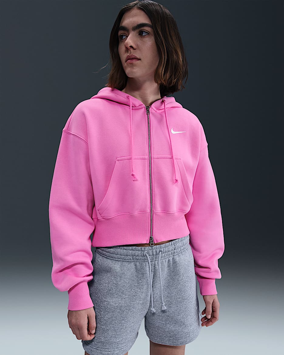 Sudadera con gorro holgada cropped con cierre completo para mujer Nike Sportswear Phoenix Fleece - Rosa alegre/Vela