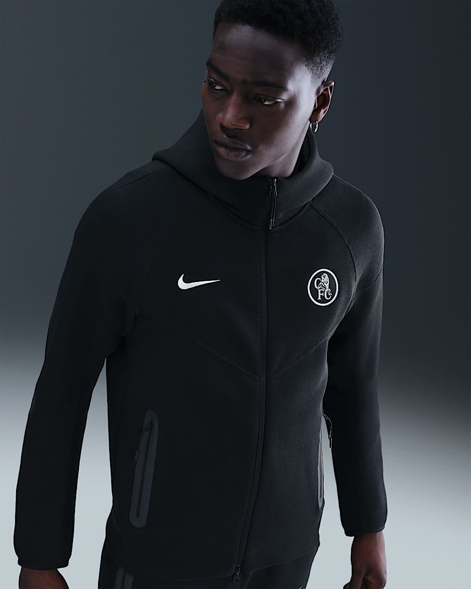 Chelsea FC Tech Windrunner Men's Nike Total 90 Soccer Fleece Full-Zip Jacket - Black/Field Silver