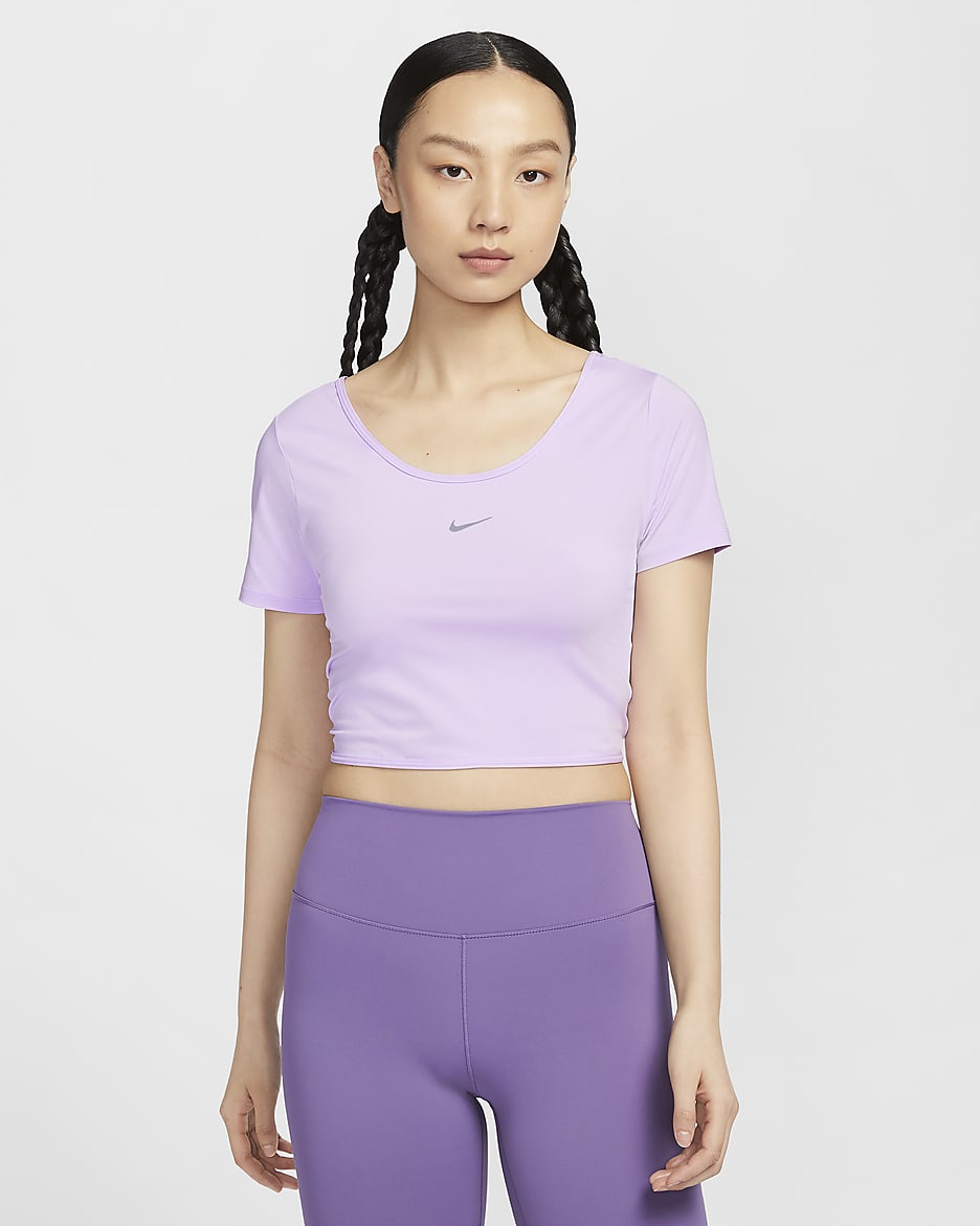 Nike One Classic 女款 Dri-FIT 短袖短版扭結上衣 - Lilac Bloom/黑色