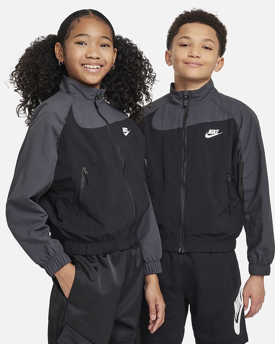 Nike Sportswear Amplify Big Kids' Woven Full-Zip Jacket - Black/Dark Smoke Grey/Dark Smoke Grey/White