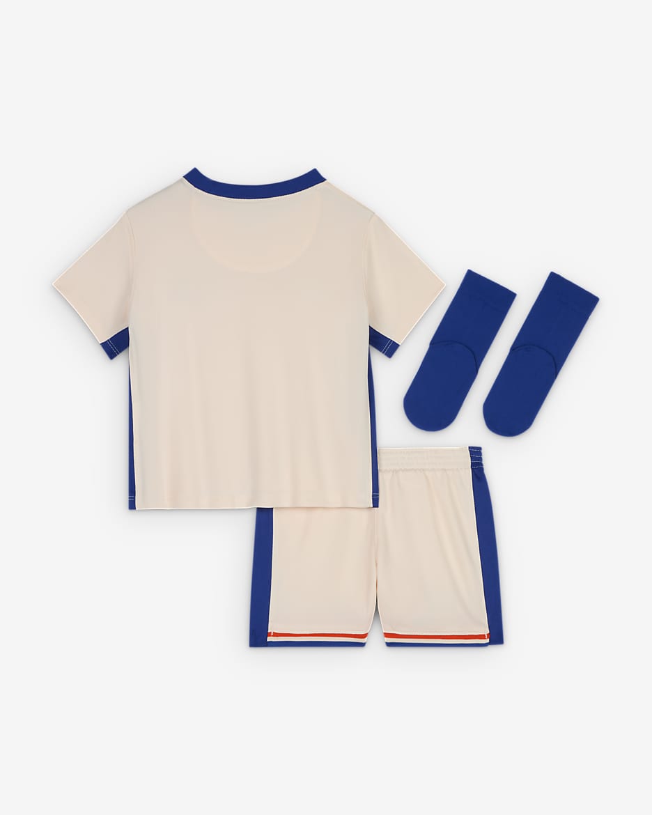 Chelsea F.C. 2024/25 Stadium Away Baby/Toddler Nike Football Replica 3-Piece Kit - Guava Ice/Team Orange/Rush Blue