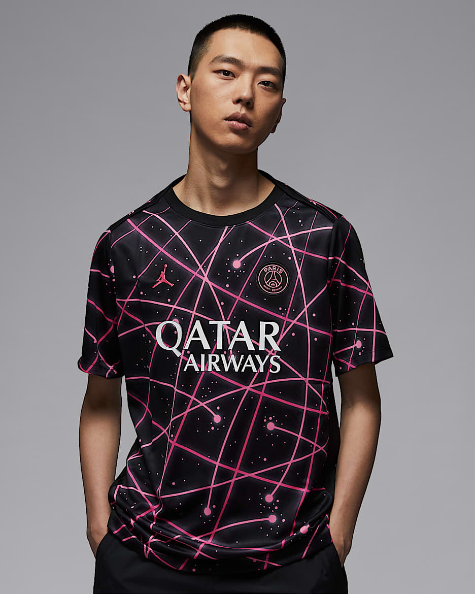 Paris Saint-Germain Academy Pro Men's Nike Dri-FIT Football Pre-Match Short-Sleeve Top - Black/Sunset Pulse/Digital Pink/Sunset Pulse