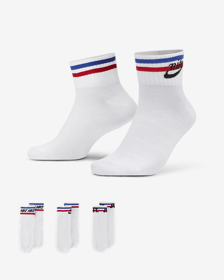 Nike Everyday Essential Ankle Socks (3 Pairs) - White/Black/Game Royal/University Red