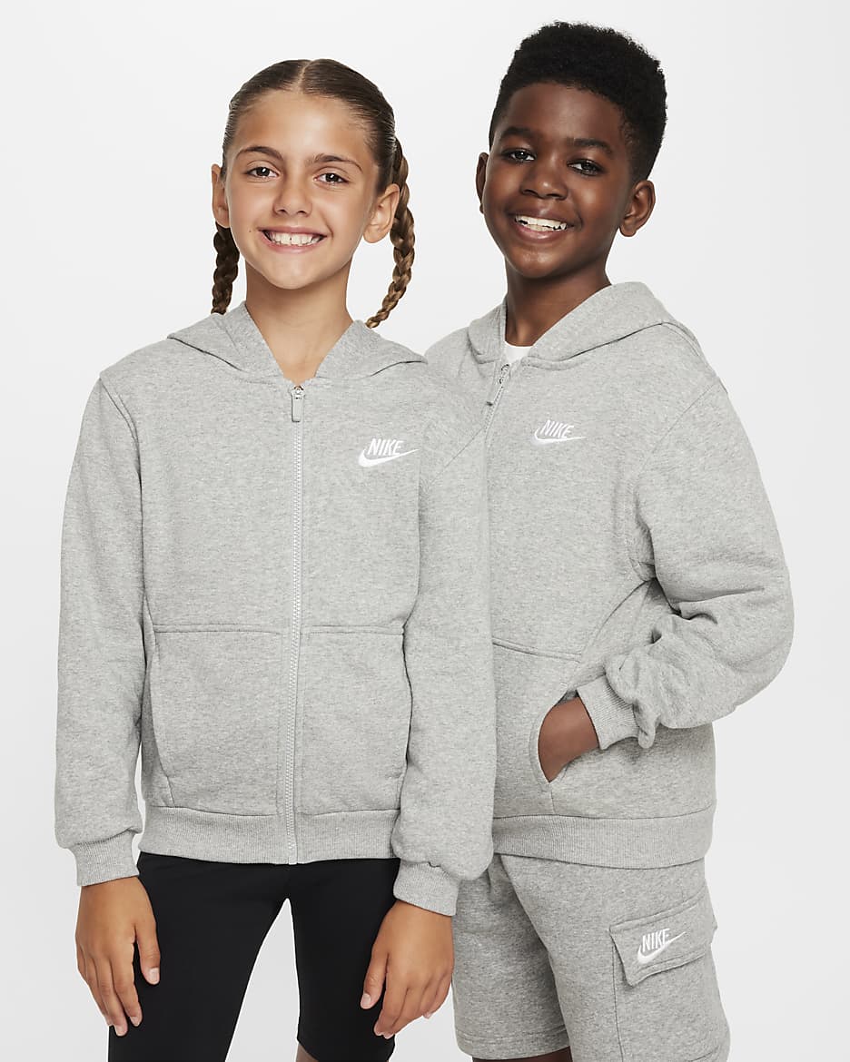 Nike Club Fleece Big Kids' French Terry Full-Zip Hoodie - Dark Grey Heather/Base Grey/White