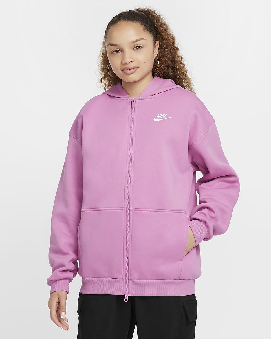 Nike Sportswear Club Fleece Big Kids' Oversized Full-Zip Hoodie - Magic Flamingo/White