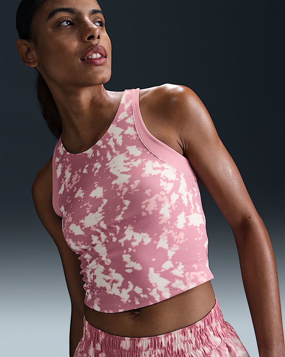 Camiseta de tirantes Dri-FIT estampada cropped para mujer Nike One Fitted - Rosa elemental/Rosa elemental/Negro