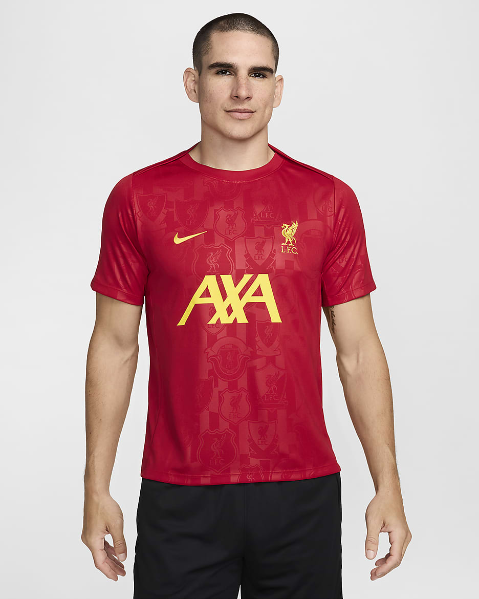 Liverpool FC Academy Pro Nike Dri-FIT Maç Öncesi Kısa Kollu Erkek Futbol Üstü - Gym Red/Chrome Yellow/Chrome Yellow