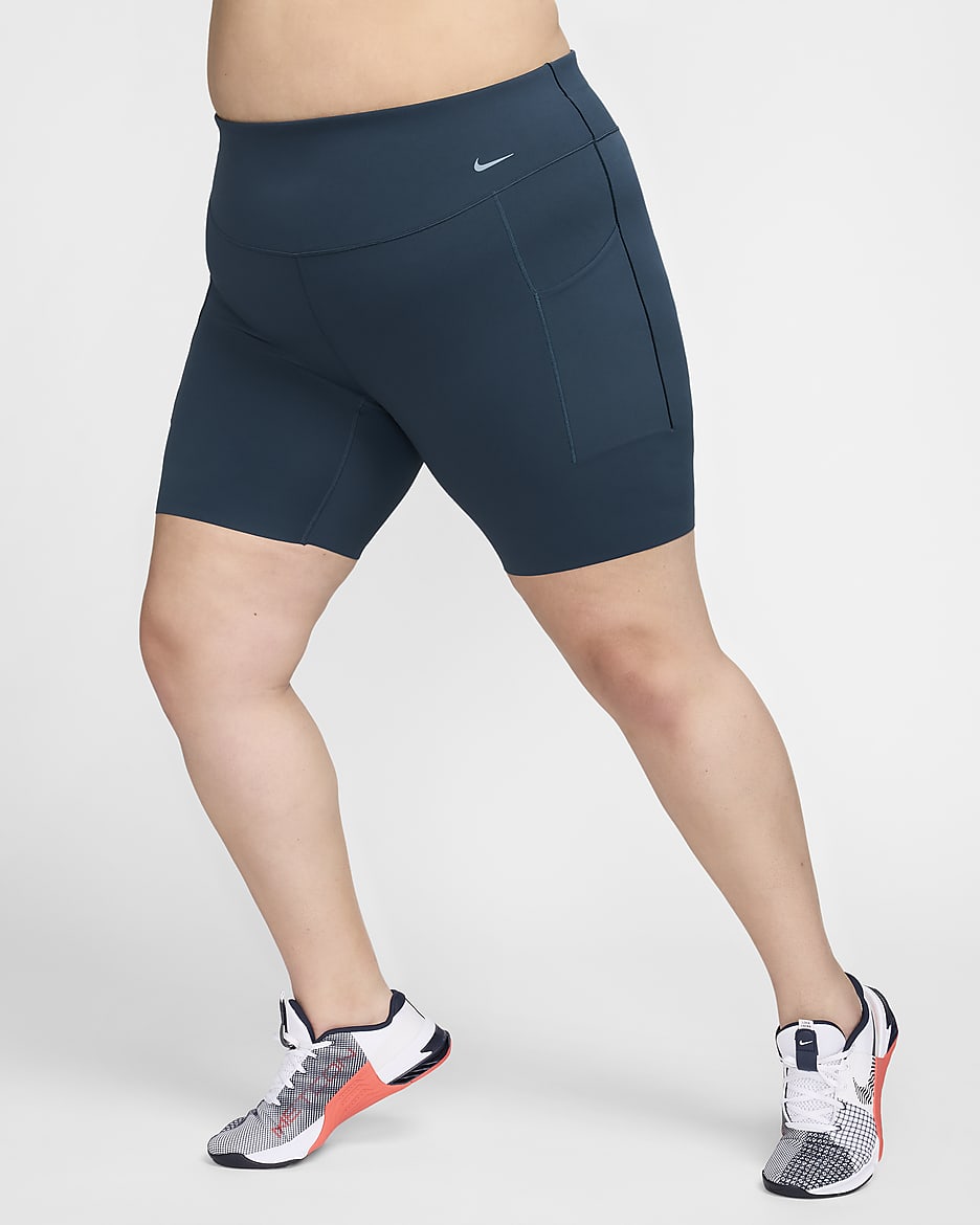 Nike Universa 女款中度支撐型高腰 20.5 公分口袋自行車短褲 (加大尺寸) - Armory Navy/黑色