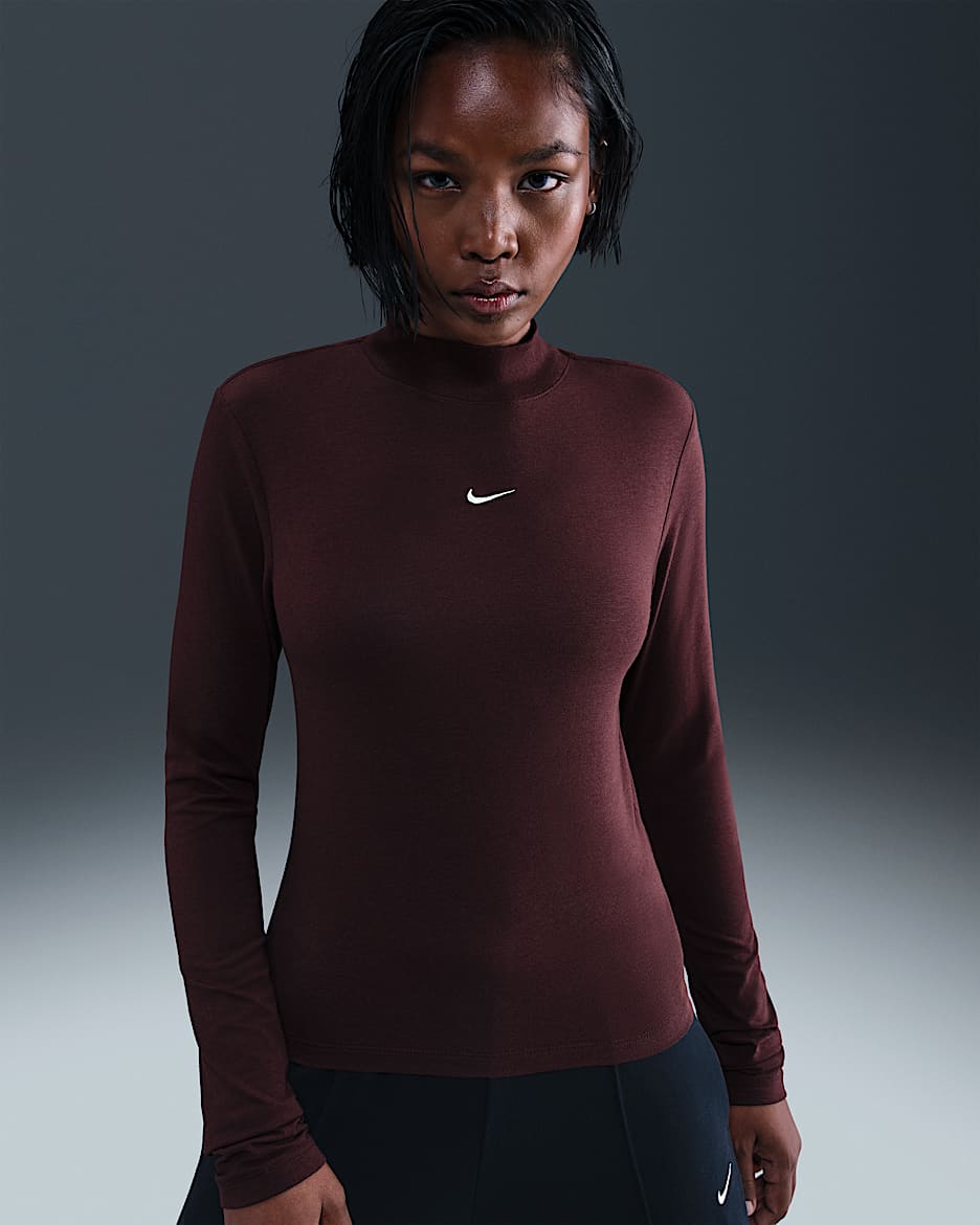 Nike Sportswear Chill Knit Women's Slim Long-Sleeve Mock-Neck T-Shirt - Burgundy Crush/Sail