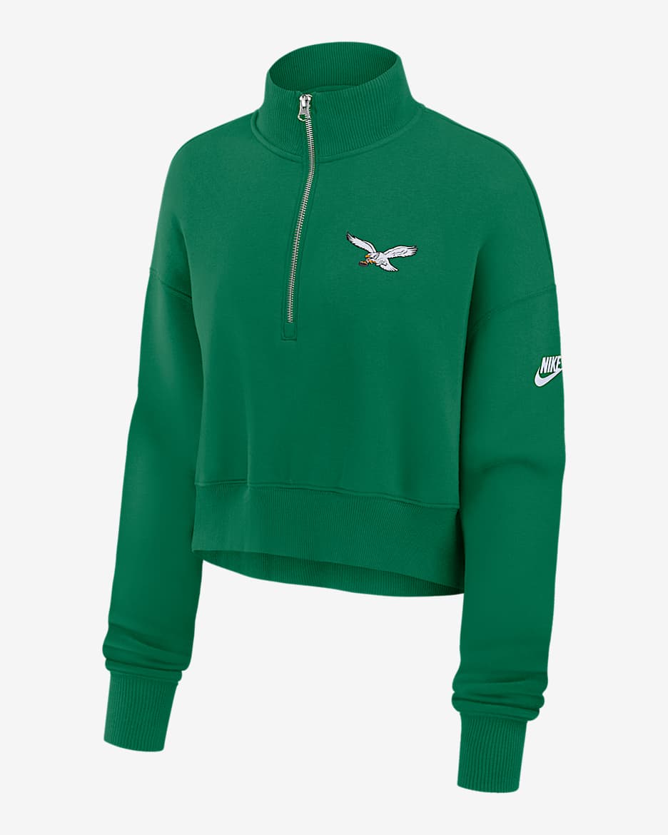 Sudadera de cuello redondo Nike NFL cropped con cierre de 1/4 para mujer Philadelphia Eagles Rewind Phoenix - Verde pino