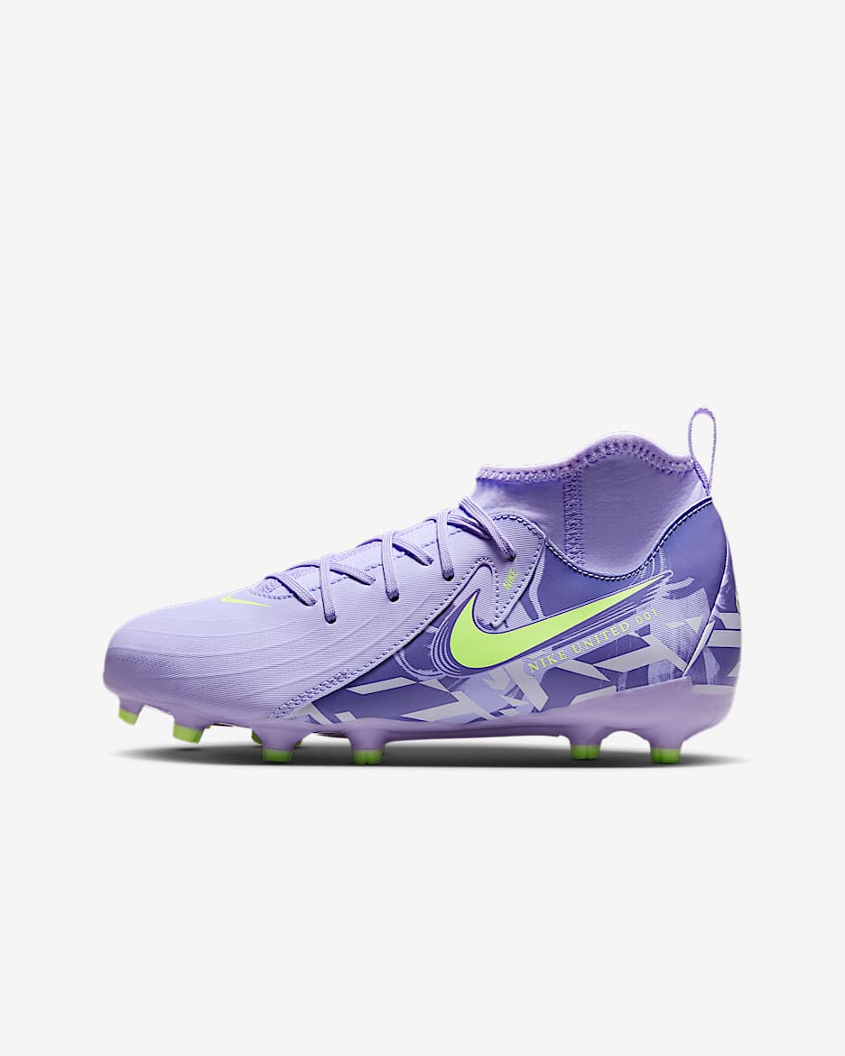 Nike United Jr. Phantom Luna 2 Academy Older Kids' FG High-Top Football Boot - Purple Agate/Barely Volt