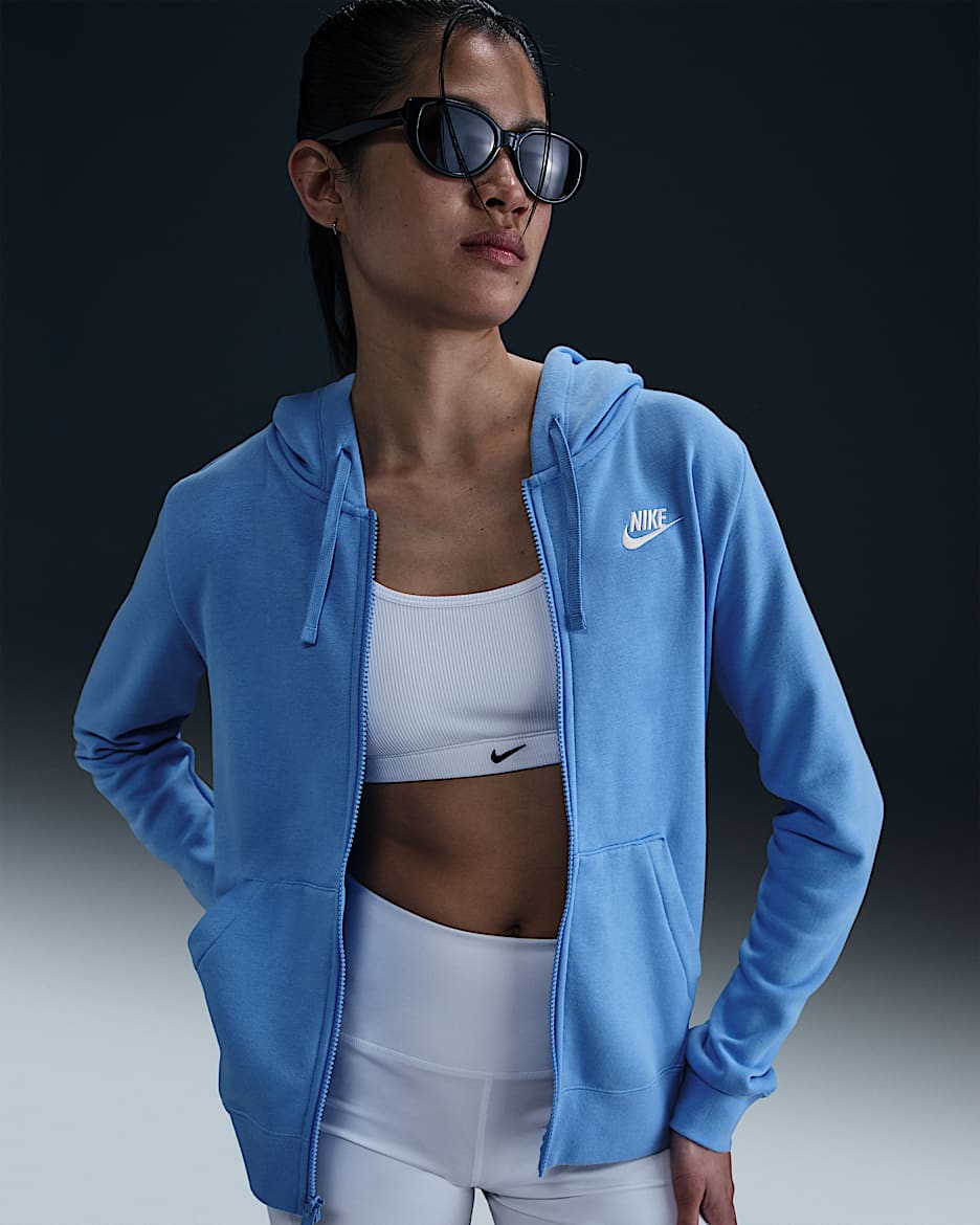 Nike Sportswear Club Fleece Sudadera con gorro de cierre completo para mujer - Azul universitario/Blanco