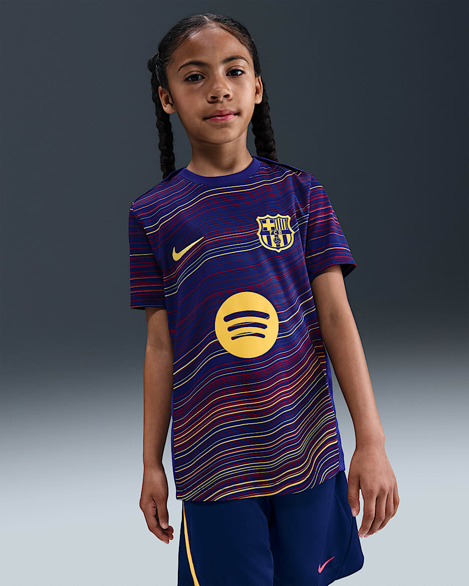 FC Barcelona Academy Pro Home Big Kids' Nike Dri-FIT Soccer Pre-Match Short-Sleeve Top - Deep Royal Blue/Deep Royal Blue/Noble Red/Midwest Gold