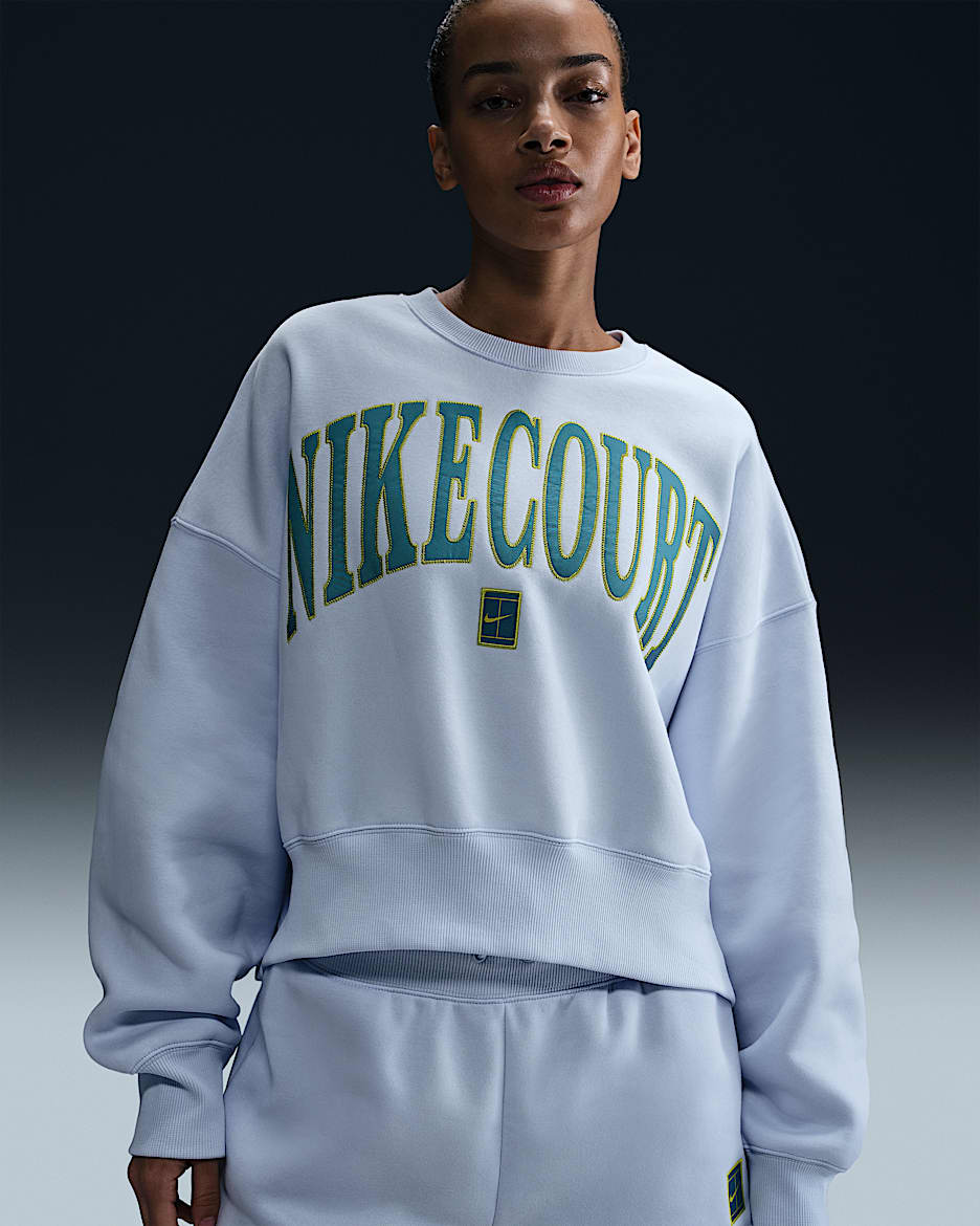 NikeCourt Phoenix Fleece Women's Over-Oversized Crew-Neck Tennis Sweatshirt - Football Grey/Football Grey/High Voltage/Mineral Teal