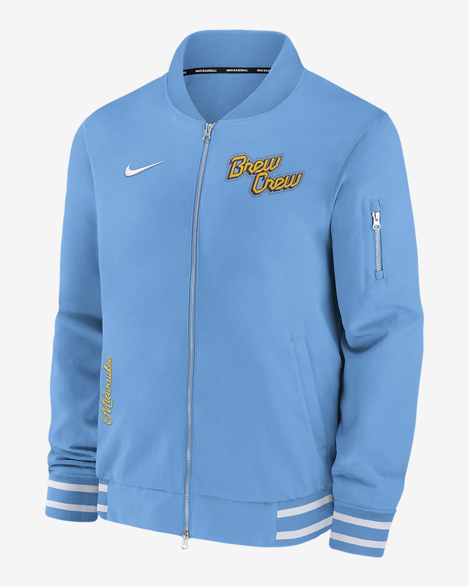 Milwaukee Brewers Authentic Collection City Connect Game Time Men's Nike MLB Full-Zip Bomber Jacket - Blue