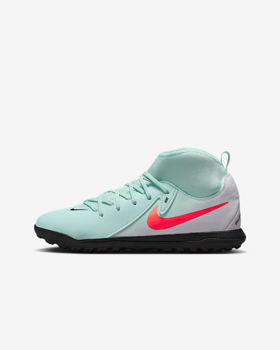 Tacos de fútbol high TF para niños de preescolar y grandes Nike Jr. Phantom Luna 2 Club - Menta/Sombrío apagado/Rojo atómico