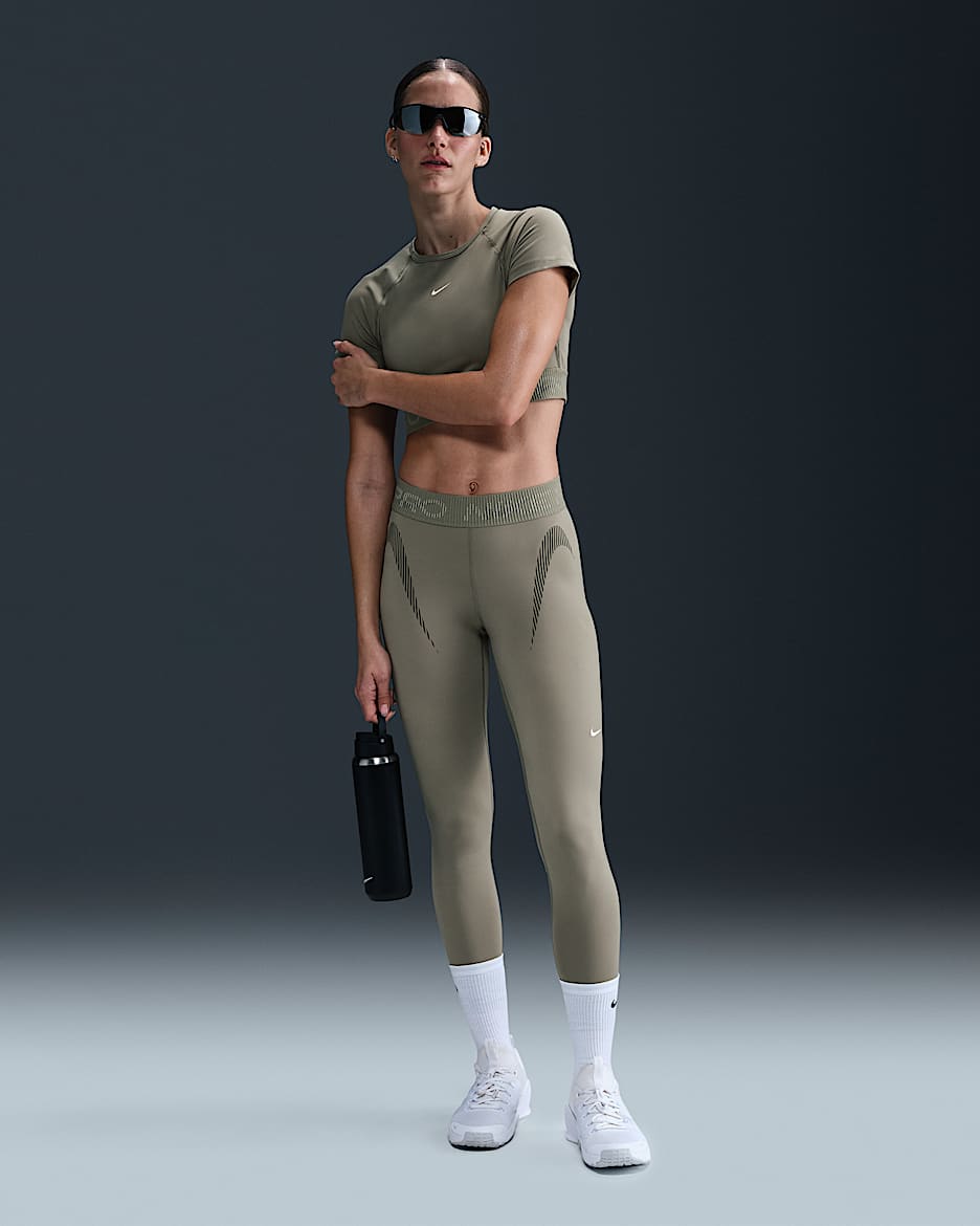 Nike Pro Women's Mid-Rise 7/8 Graphic Leggings - Light Army/Cargo Khaki/Light Silver/White
