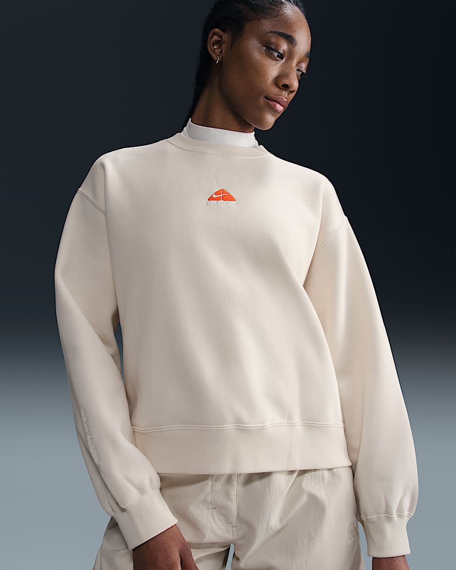 Sudadera de cuello redondo Therma-FIT Repel para mujer Nike ACG "Tuff Fleece" - Fantasma/Naranja seguridad/Blanco cumbre
