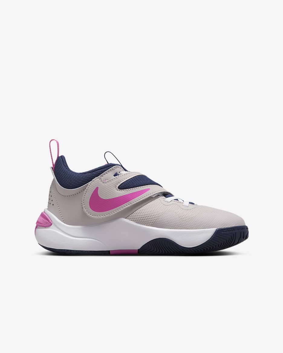 Calzado de básquetbol para niños talla grande Nike Team Hustle D 11 - Violeta platino/Rosa alegre/Azul marino medianoche/Blanco