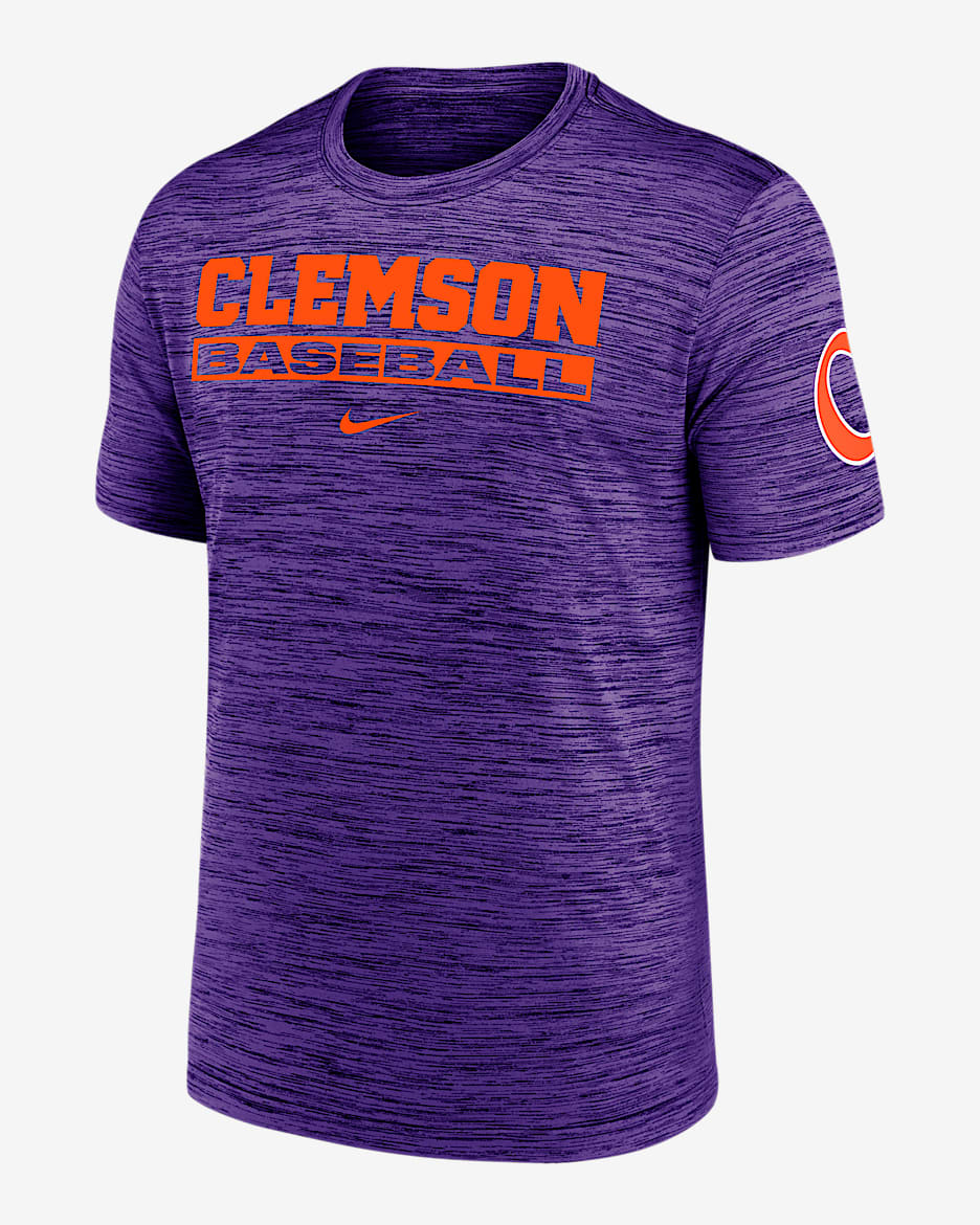 Playera universitaria Nike Dri-FIT para hombre Clemson Tigers Velocity Baseball Wordmark Stack - Morado