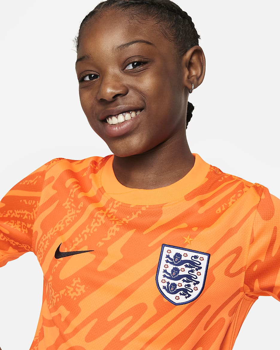 Engeland (herenelftal) 2024/25 Stadium Goalkeeper Nike Dri-FIT replica voetbalshirt met korte mouwen voor kids - Total Orange/Safety Orange/Zwart