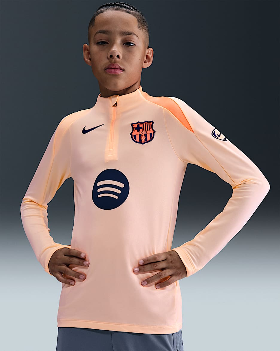FC Barcelona Strike Third Big Kids' Nike Dri-FIT Total 90 Soccer Knit Drill Top - Crimson Tint/Bright Mango/Midnight Navy