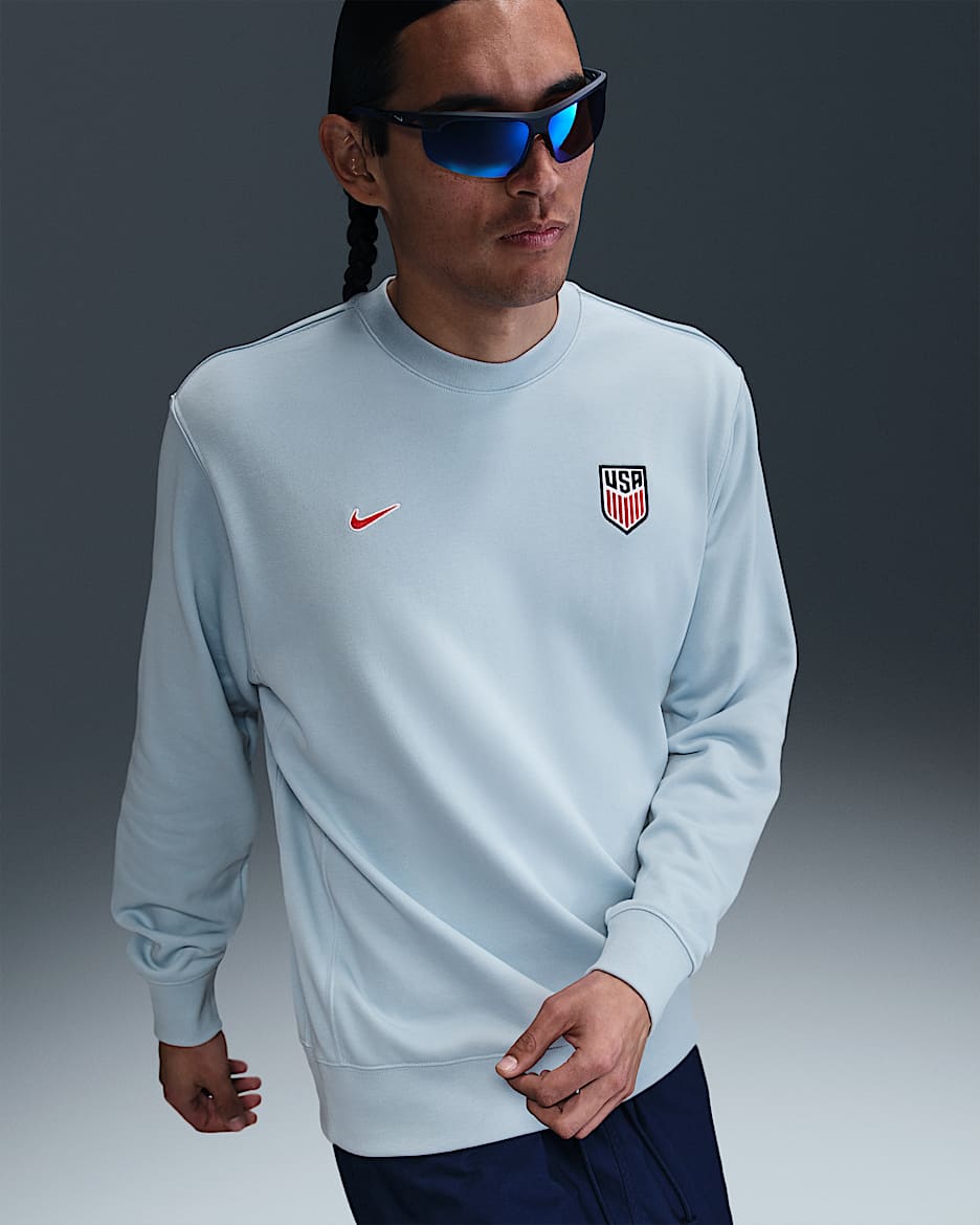 Sudadera de futbol Nike de French Terry de cuello redondo para hombre USA Club - Azul militar claro/Rojo reto