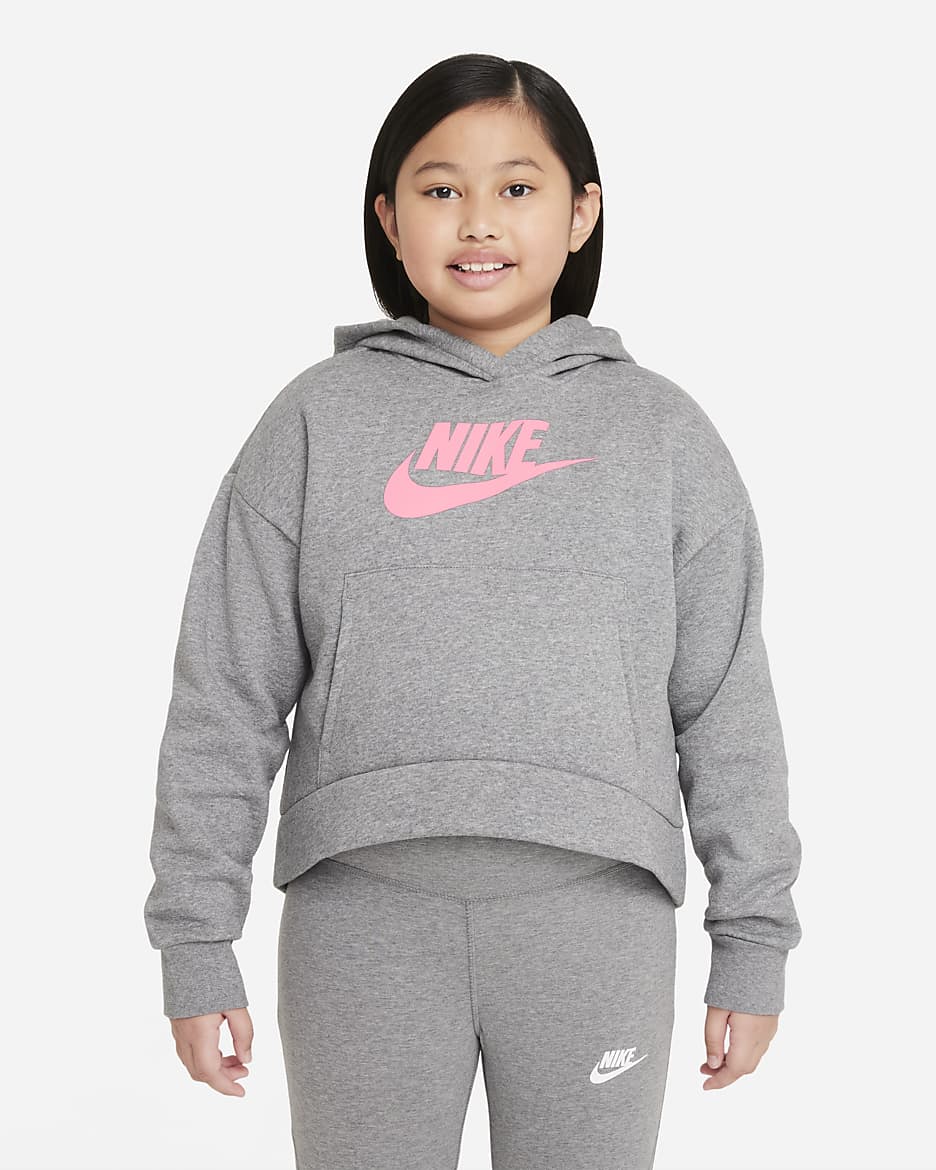 Nike Sportswear Club Fleece Big Kids' (Girls') Hoodie (Extended Size) - Carbon Heather/Arctic Punch
