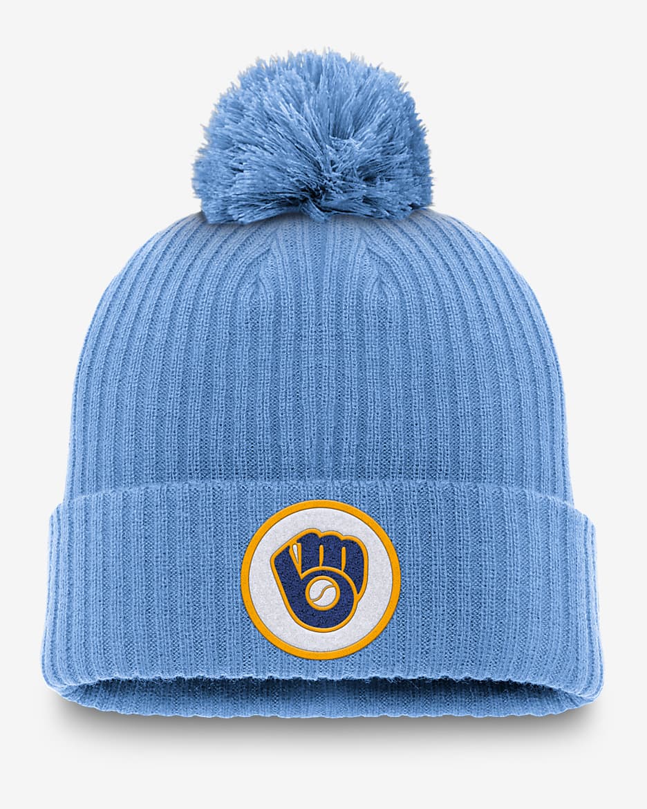 Milwaukee Brewers Cooperstown Peak Men's Nike MLB Cuffed Pom Beanie - Light Blue