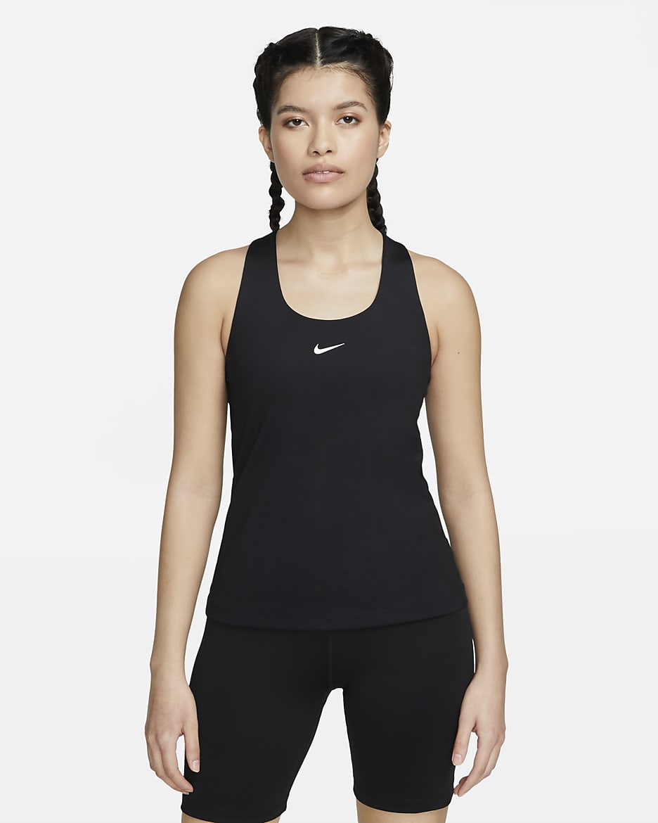 เสื้อกล้ามสปอร์ตบราผู้หญิงซัพพอร์ตระดับกลางเสริมฟองน้ำ Nike Swoosh - ดำ/ดำ/ขาว