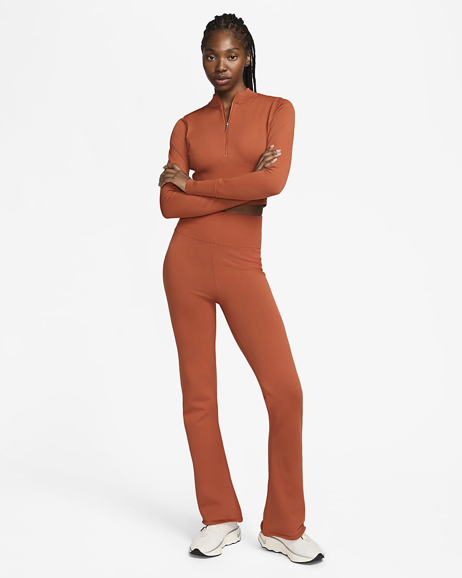 Nike Sportswear Chill Knit Women's Tight High-Waisted Jumper-Knit Flared Trousers - Burnt Sunrise/Black