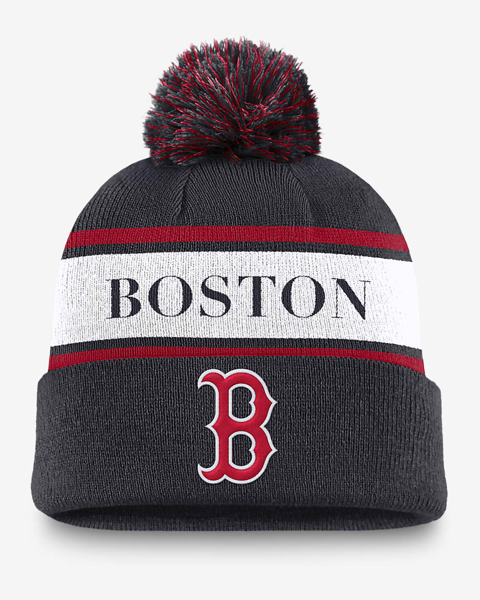Gorro con dobladillo Nike de la MLB con pompón para hombre Boston Red Sox Team Stripe Peak - Azul marino