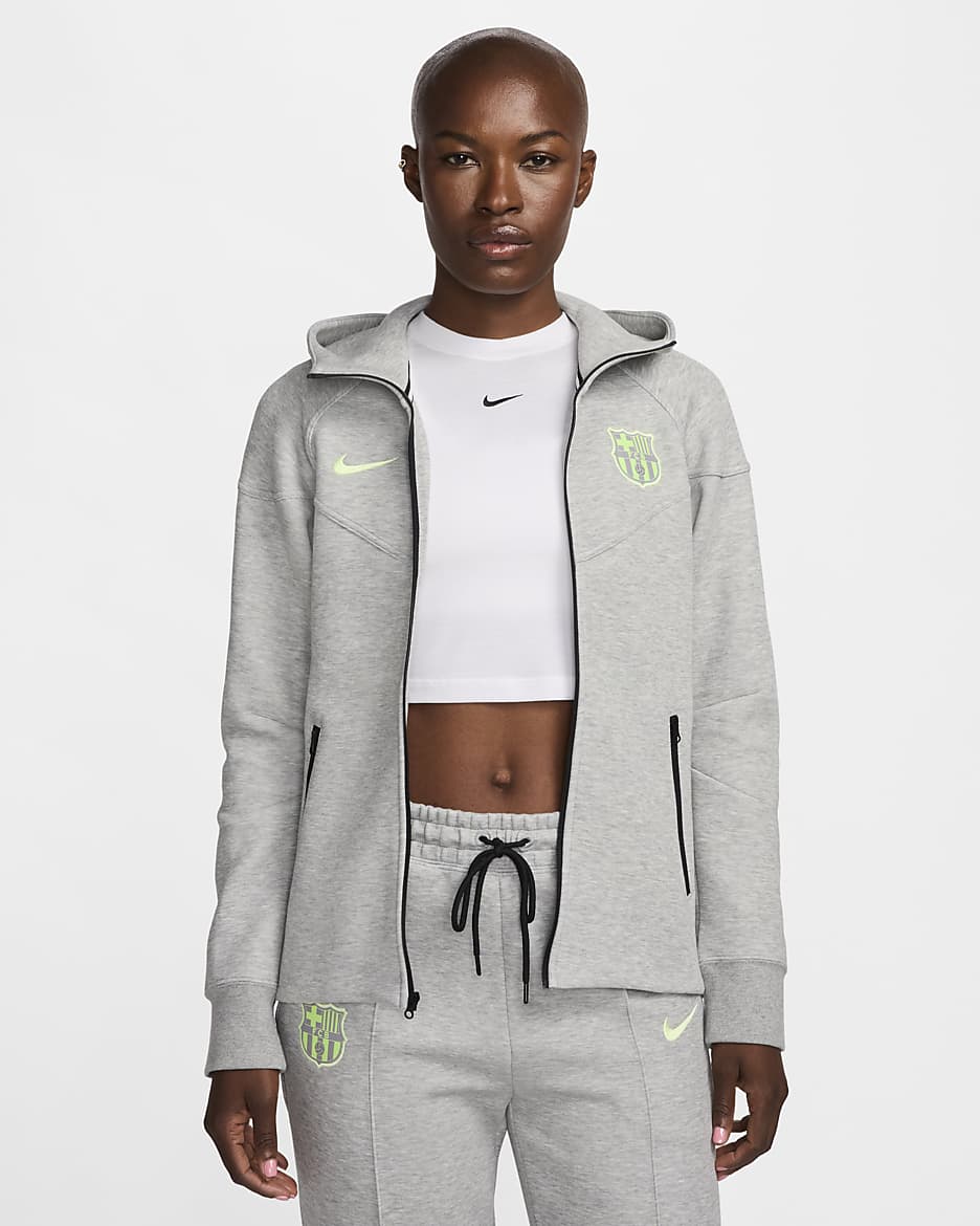 FC Barcelona Tech Fleece Windrunner Nike Football hettejakke til dame - Dark Grey Heather/Barely Volt